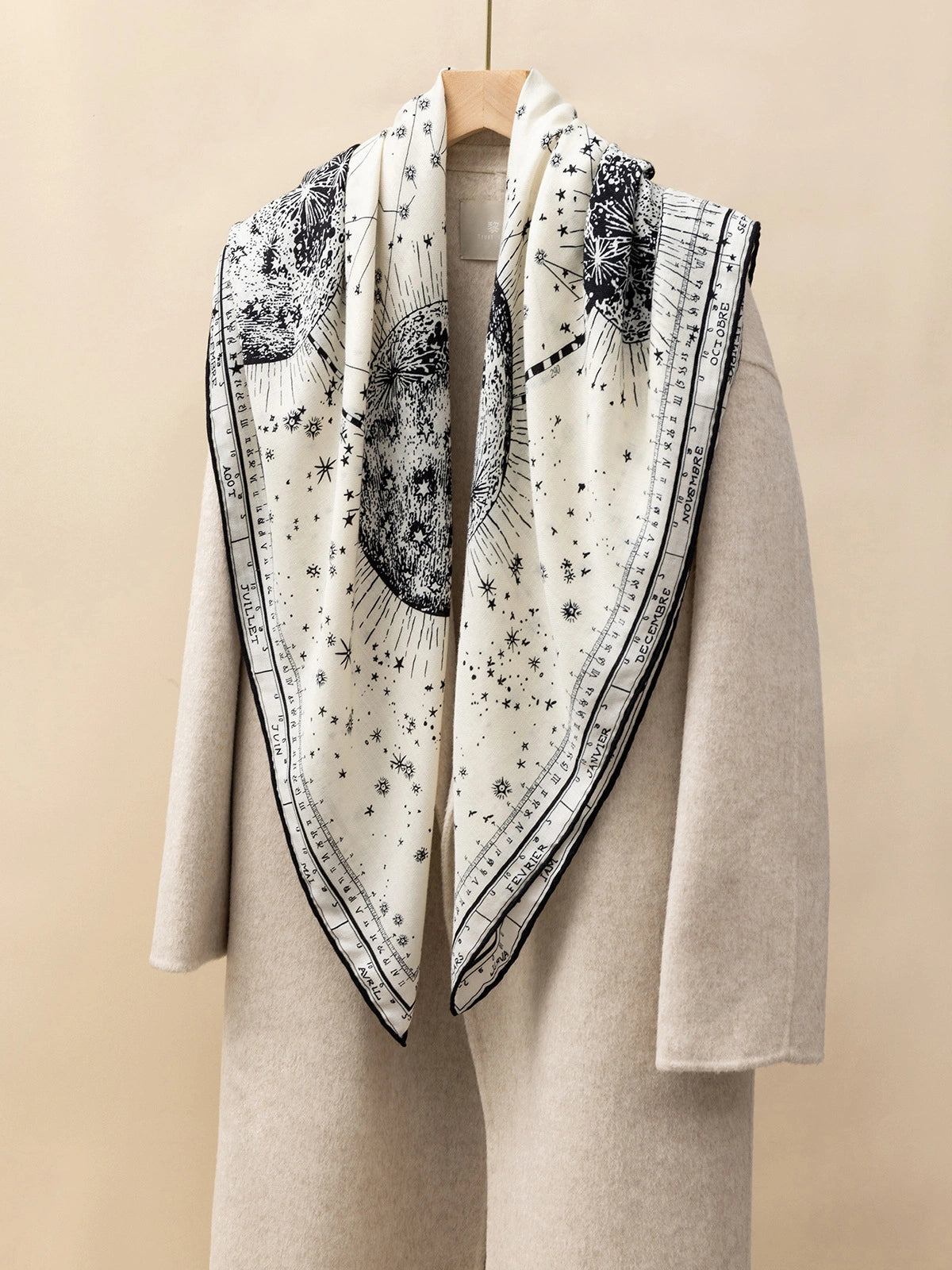 Silk Wool Square Scarf - Cosmic Star Map Print | Beige, 130*130cm, draped view, featuring celestial map design, perfect for a sophisticated look. 