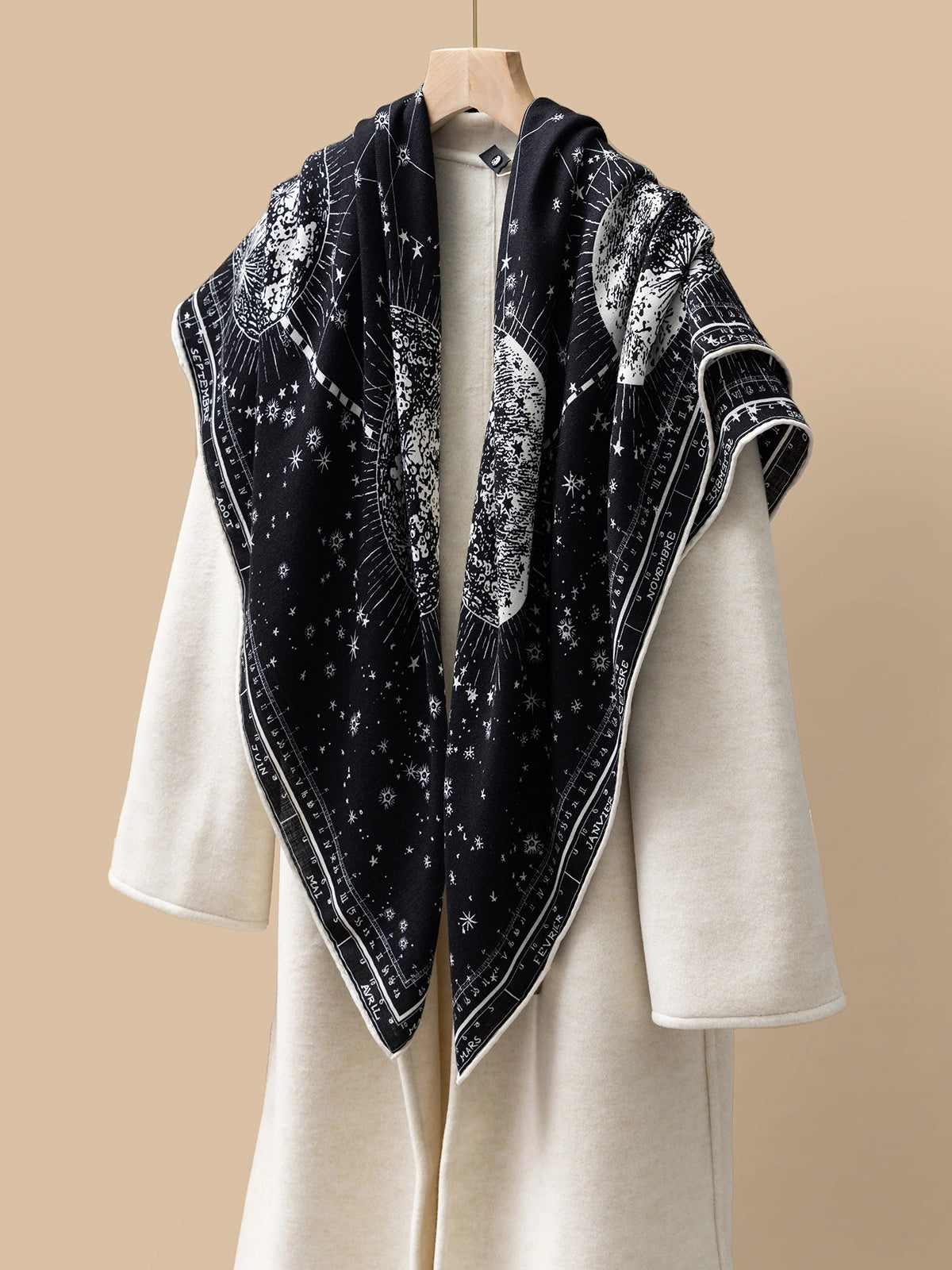 Silk Wool Square Scarf - Cosmic Star Map Print | Black, 130*130cm, draped view, featuring celestial map design, perfect for a sophisticated look.