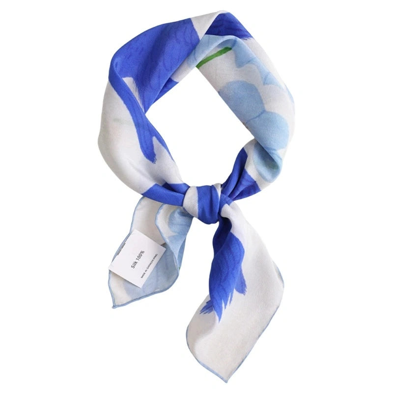 Silk Square Scarf  - Vibrant Blue Bird & Flower Pattern - AOA Fashion Accessories