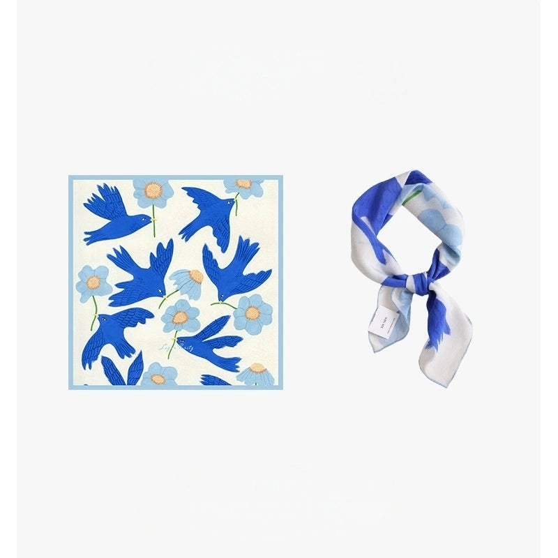 Silk Square Scarf  - Vibrant Blue Bird & Flower Pattern - AOA Fashion Accessories