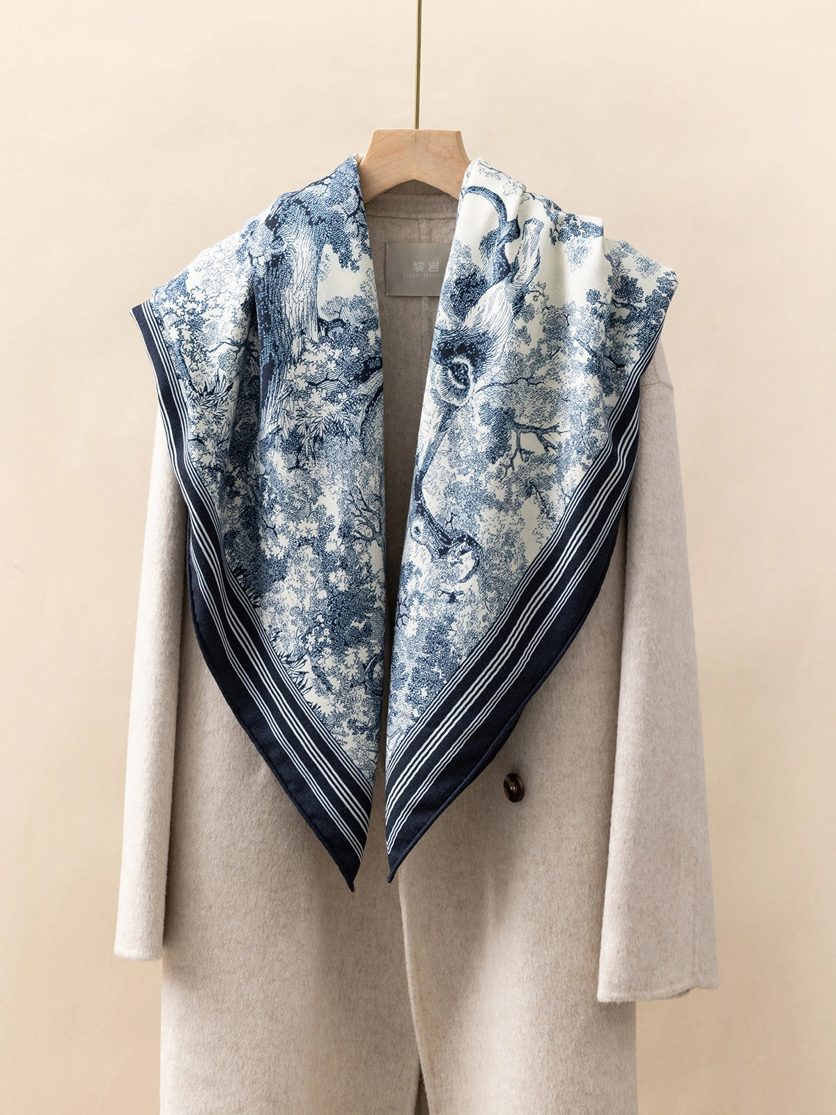 Silk Wool Square Scarf - Animal Jungle Print | Blue, 130*130cm, draped view, featuring detailed animal design, perfect for a sophisticated look.