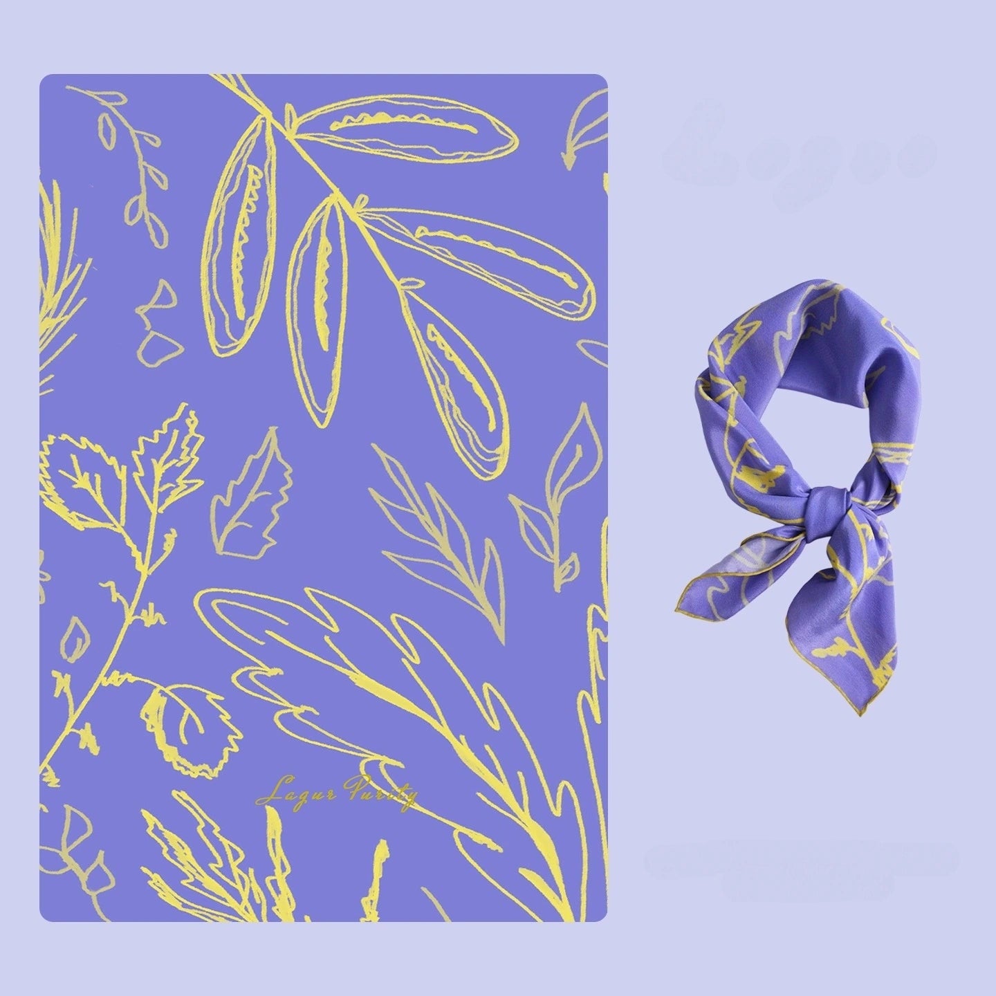 Blue botanical silk scarf displayed in a flat lay, highlighting its vibrant yellow botanical line art and premium mulberry silk material.