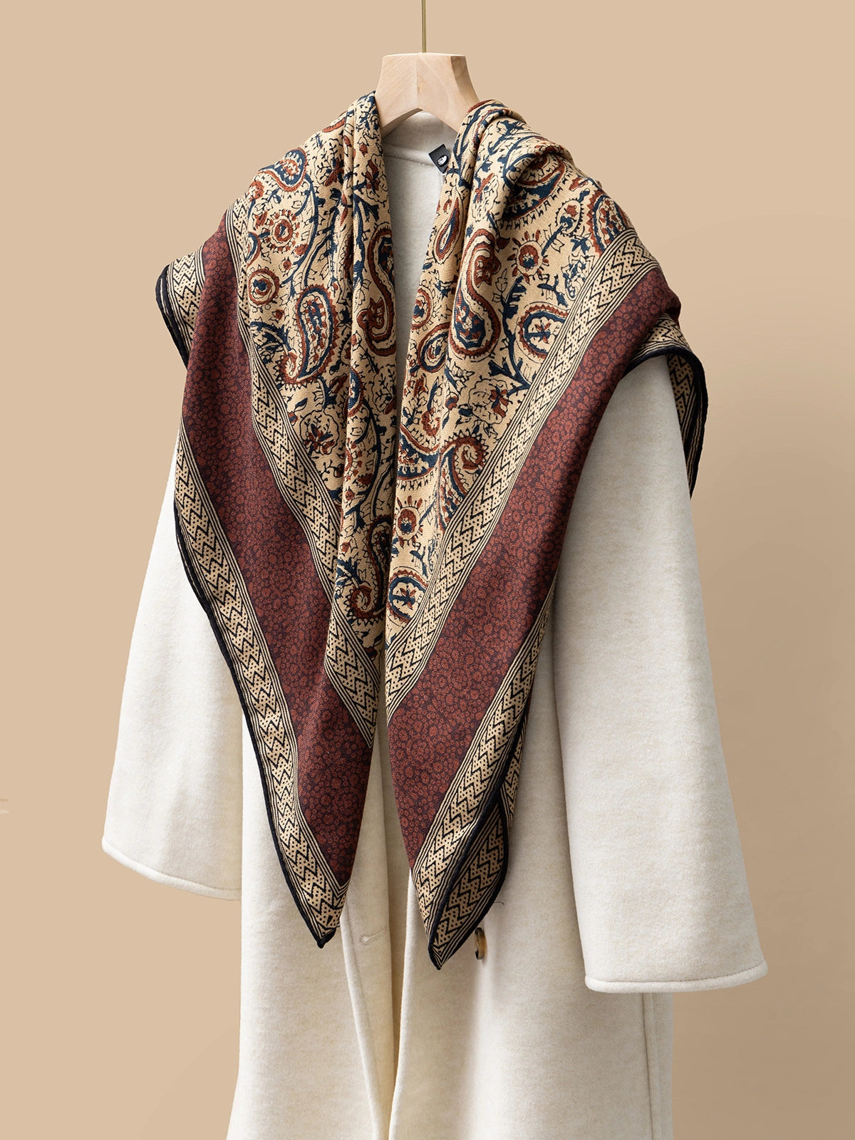 Silk Wool Square Scarf – Vintage Paisley Design | Brown, 130*130cm, draped view, featuring vintage paisley design, perfect for a sophisticated look.