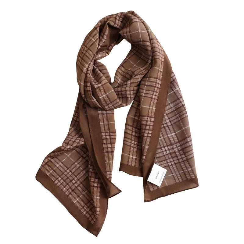 Classic Long Silk Scarf – Coffee Plaid Pattern - AOA Fashion Accessories