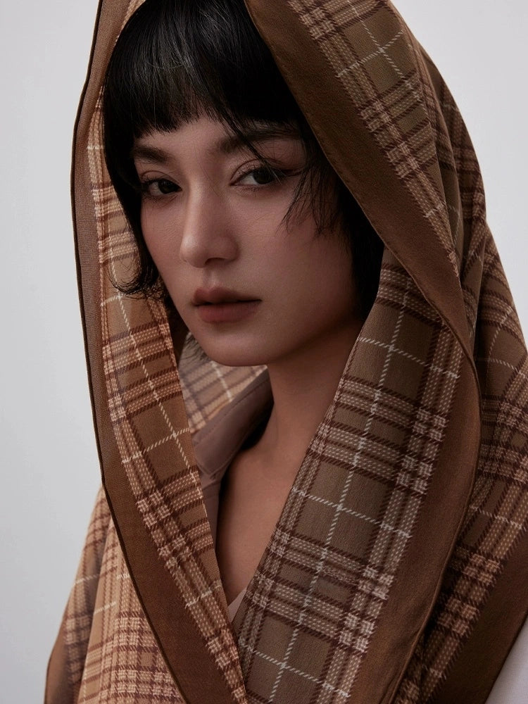 Classic Long Silk Scarf – Coffee Plaid Pattern - AOA Fashion Accessories