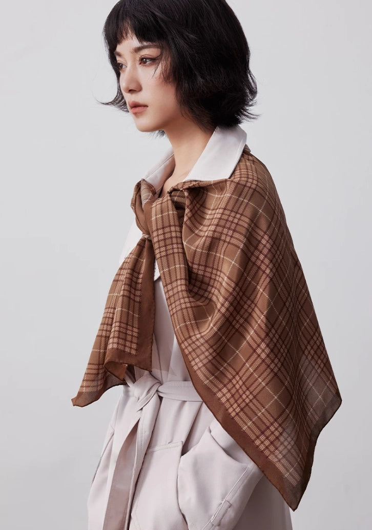 Classic Long Silk Scarf – Coffee Plaid Pattern - AOA Fashion Accessories