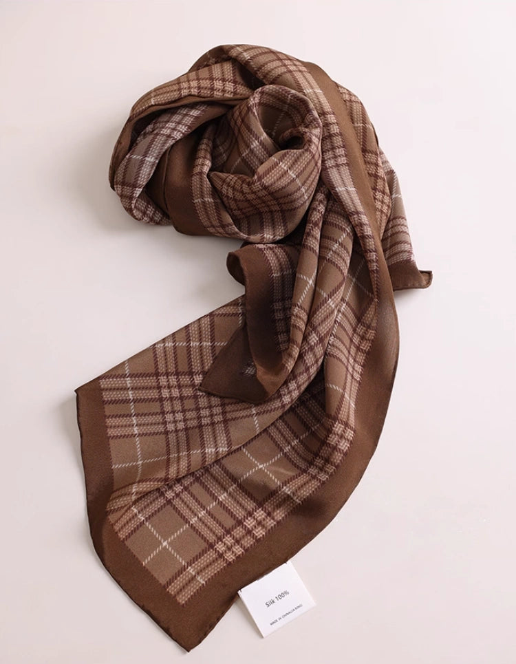 Classic Long Silk Scarf – Coffee Plaid Pattern - AOA Fashion Accessories