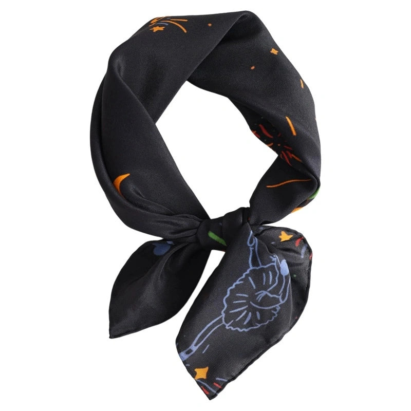 Silk Square Scarf, Midnight Black with Fireworks Ballerina Print, 100% Mulberry Silk, 63*63cm - Stylish and elegant accessory for any outfit. 