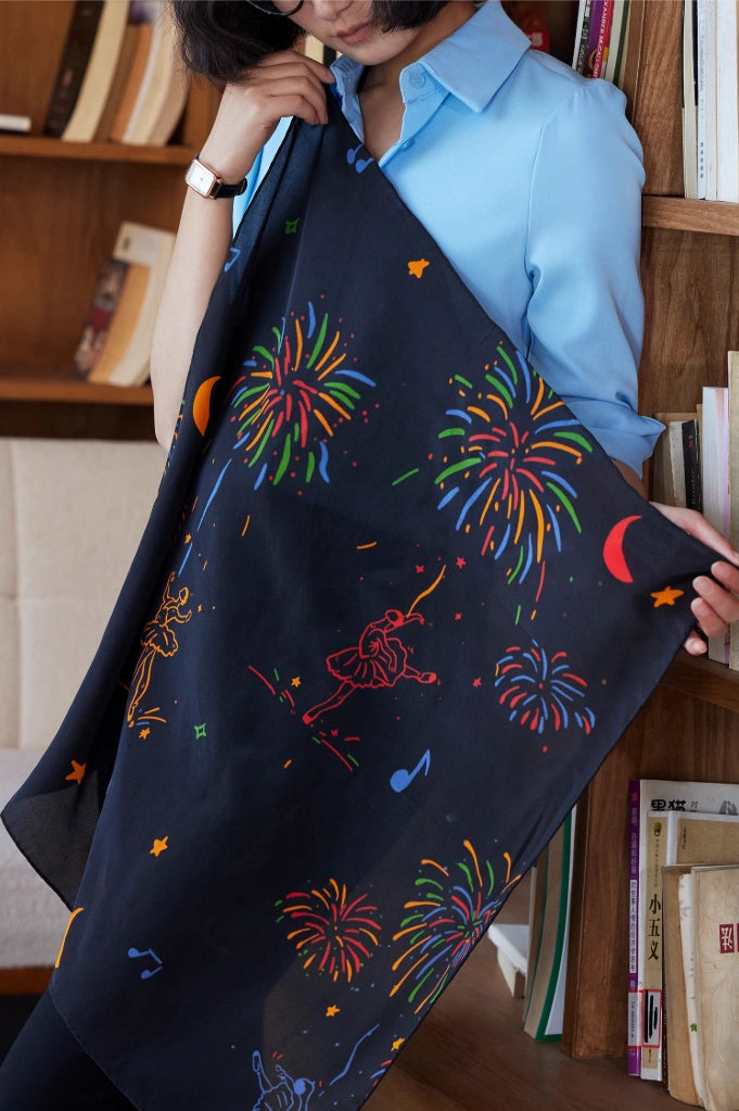 Silk Square Scarf, Midnight Black with Fireworks Ballerina Print, 100% Mulberry Silk, 63*63cm - Elegant and stylish accessory for any occasion. 