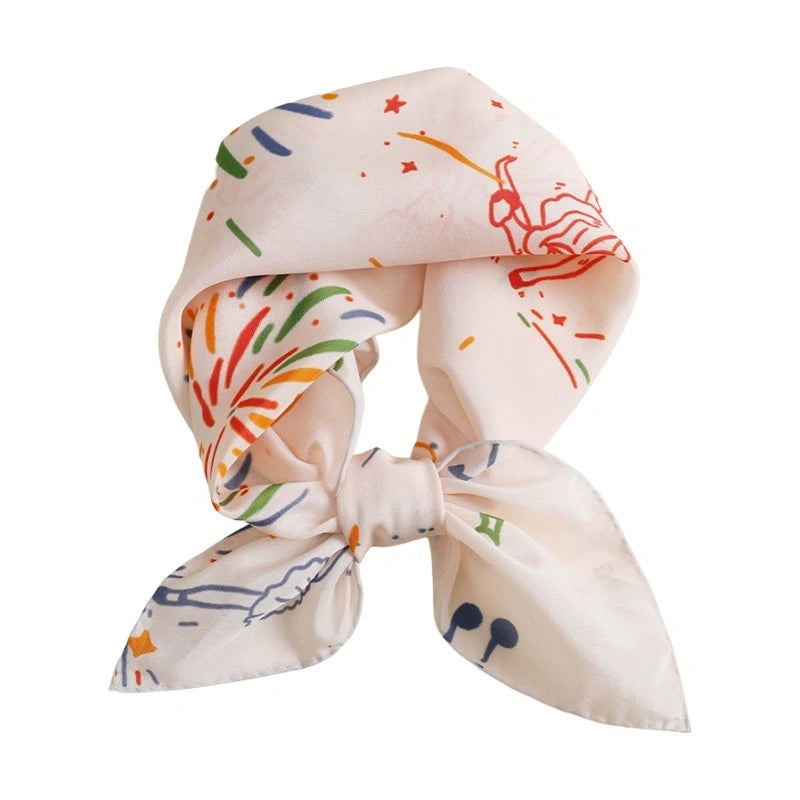 Silk Square Scarf, Moonlight White with Fireworks Ballerina Print, 100% Mulberry Silk, 63*63cm - Stylish tied accessory for a chic look. 