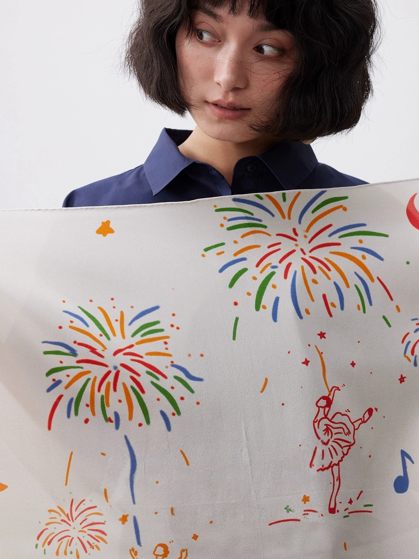 Silk Square Scarf, Moonlight White with Fireworks Ballerina Print, 100% Mulberry Silk, 63*63cm - Detailed hand-held scarf display.