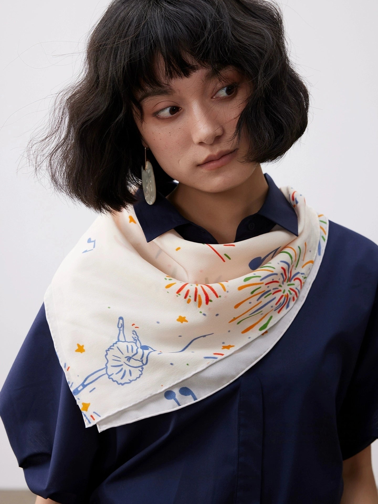 Silk Square Scarf, Moonlight White with Fireworks Ballerina Print, 100% Mulberry Silk, 63*63cm - Stylish scarf worn with elegance.