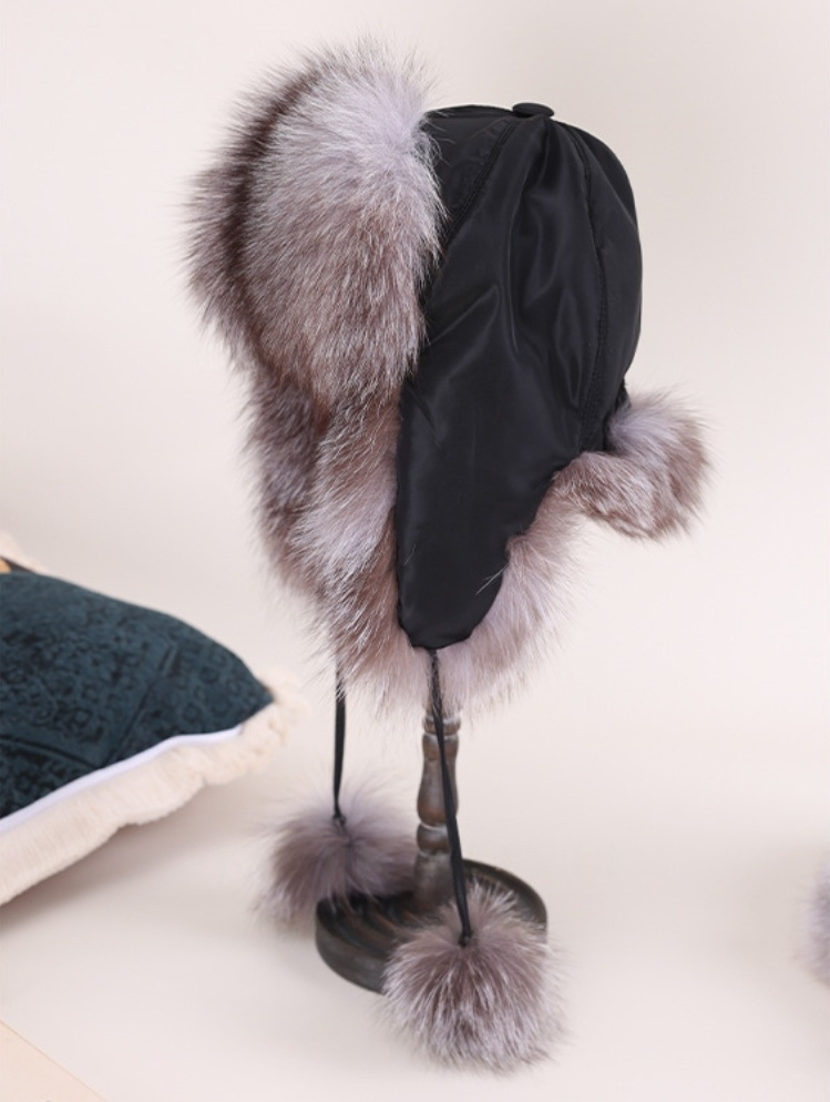 Fox Fur Winter Hat - With Ear Flaps and Pom-Pom Decorations - AOA Fashion Accessories
