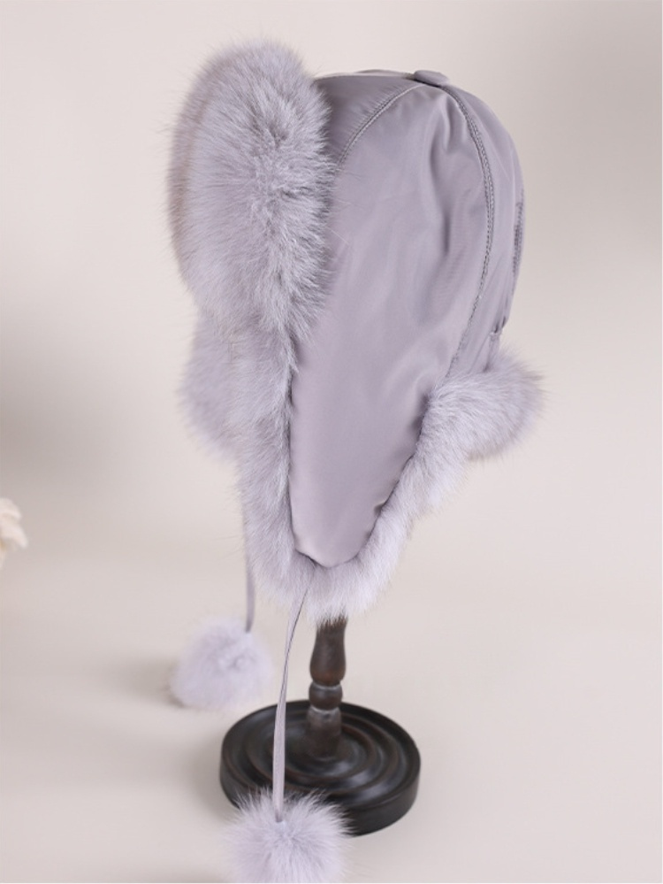 Fox Fur Winter Hat - With Ear Flaps and Pom-Pom Decorations - AOA Fashion Accessories