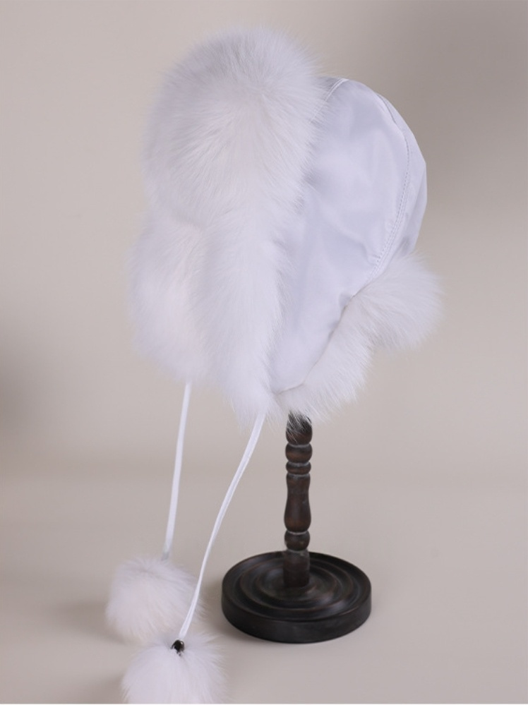 Fox Fur Winter Hat - With Ear Flaps and Pom-Pom Decorations - AOA Fashion Accessories
