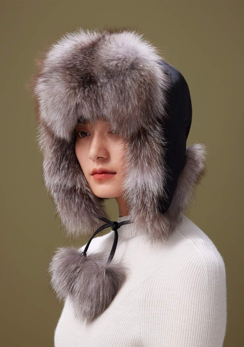 Fox Fur Winter Hat - With Ear Flaps and Pom-Pom Decorations - AOA Fashion Accessories