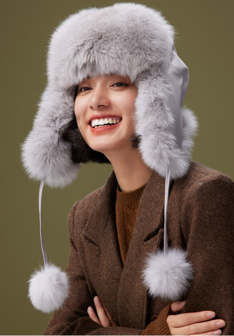 Fox Fur Winter Hat - With Ear Flaps and Pom-Pom Decorations - AOA Fashion Accessories