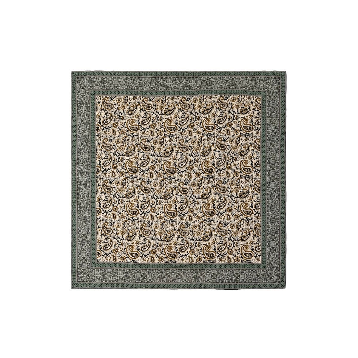 Vintage green silk wool square scarf with paisley pattern, 130x130cm, refined and versatile accessory for all seasons.