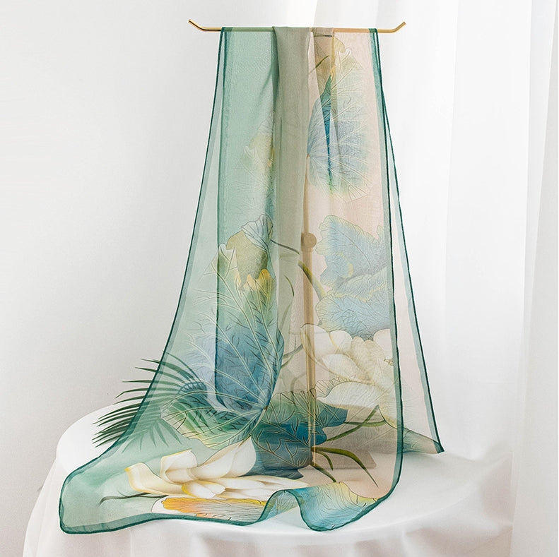 Long Silk Scarf -  Elegant Lotus Pattern Scarves - AOA Fashion Accessories