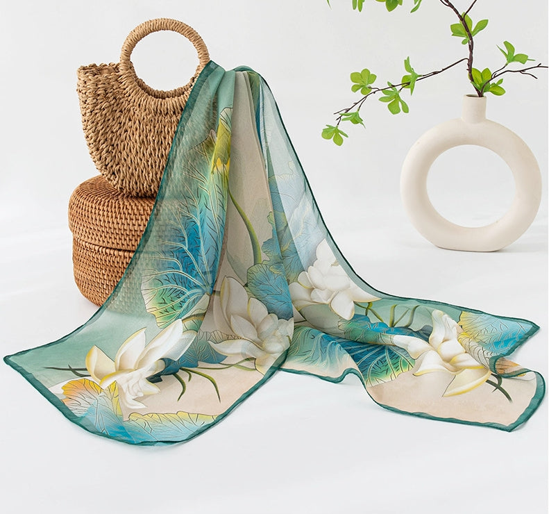Long Silk Scarf -  Elegant Lotus Pattern Scarves - AOA Fashion Accessories