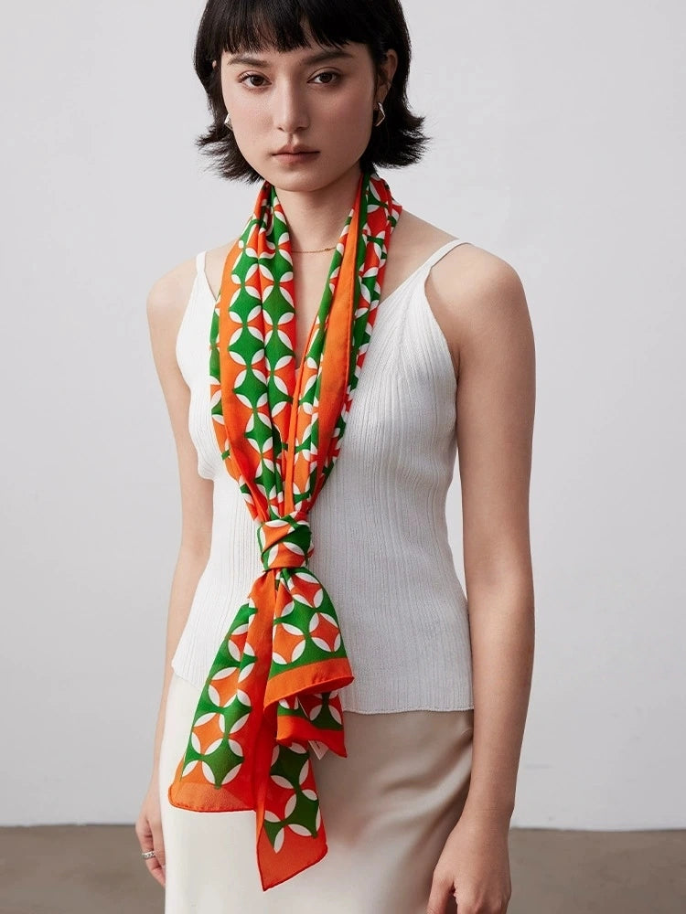 Long Silk Scarf - Orange & Green Geometric Pattern - AOA Fashion Accessories