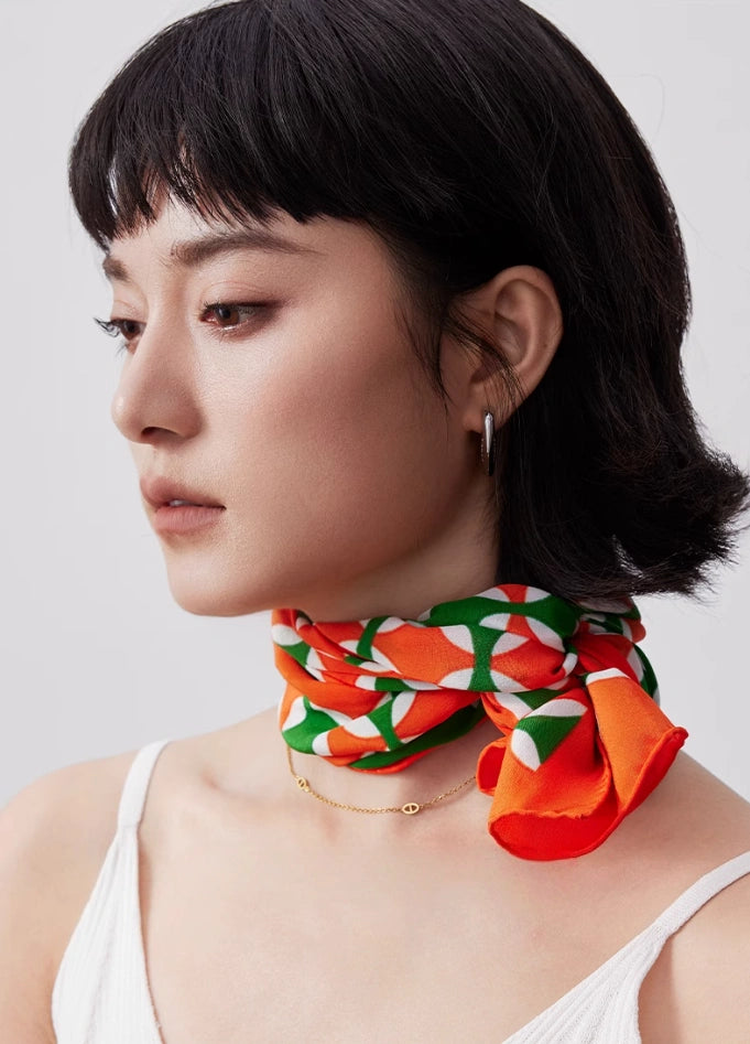 Long Silk Scarf - Orange & Green Geometric Pattern - AOA Fashion Accessories