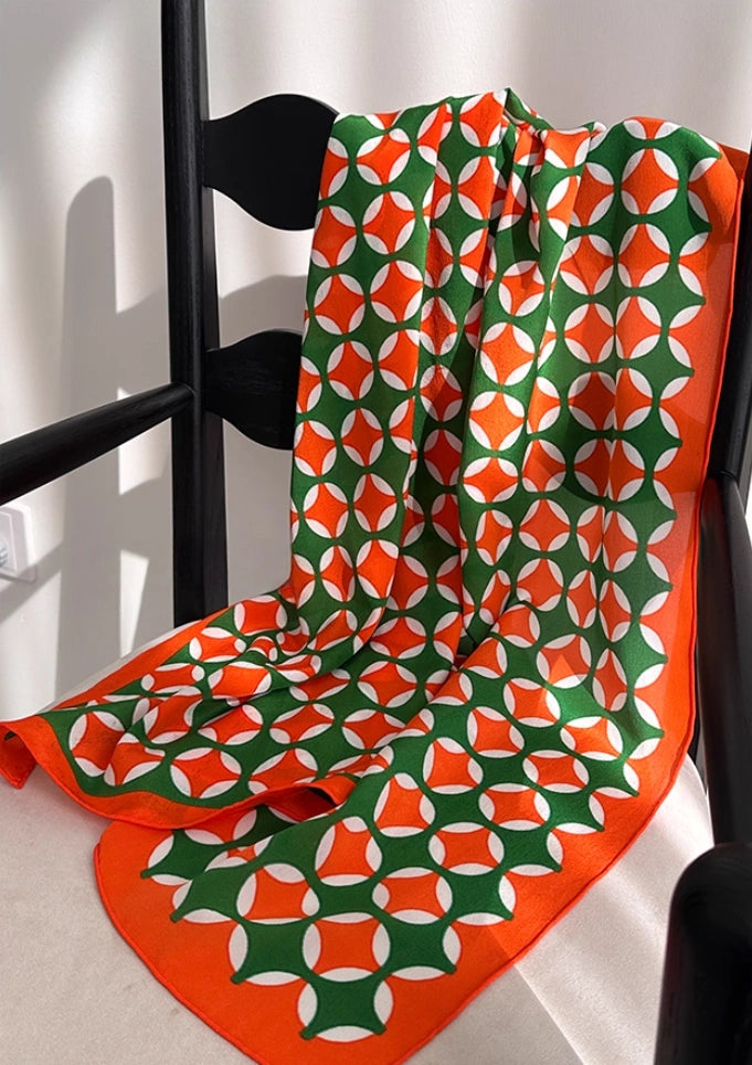 Long Silk Scarf - Orange & Green Geometric Pattern - AOA Fashion Accessories
