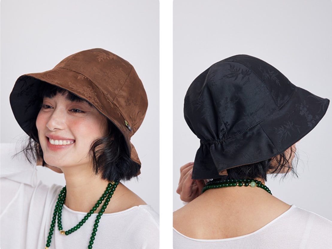 Silk Bucket Hat – Elegant Xiangyunsha Fabric, Dual-Wear Design - AOA Fashion Accessories