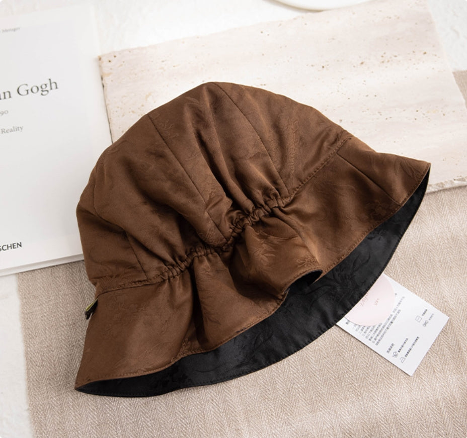 Silk Bucket Hat – Elegant Xiangyunsha Fabric, Dual-Wear Design - AOA Fashion Accessories