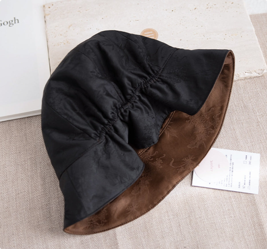Silk Bucket Hat – Elegant Xiangyunsha Fabric, Dual-Wear Design - AOA Fashion Accessories