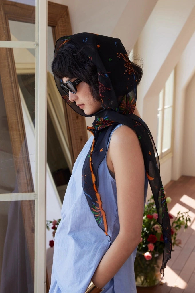 Lightweight Georgette Skinny Silk Scarf – Fireworks Print | Multiple Colors