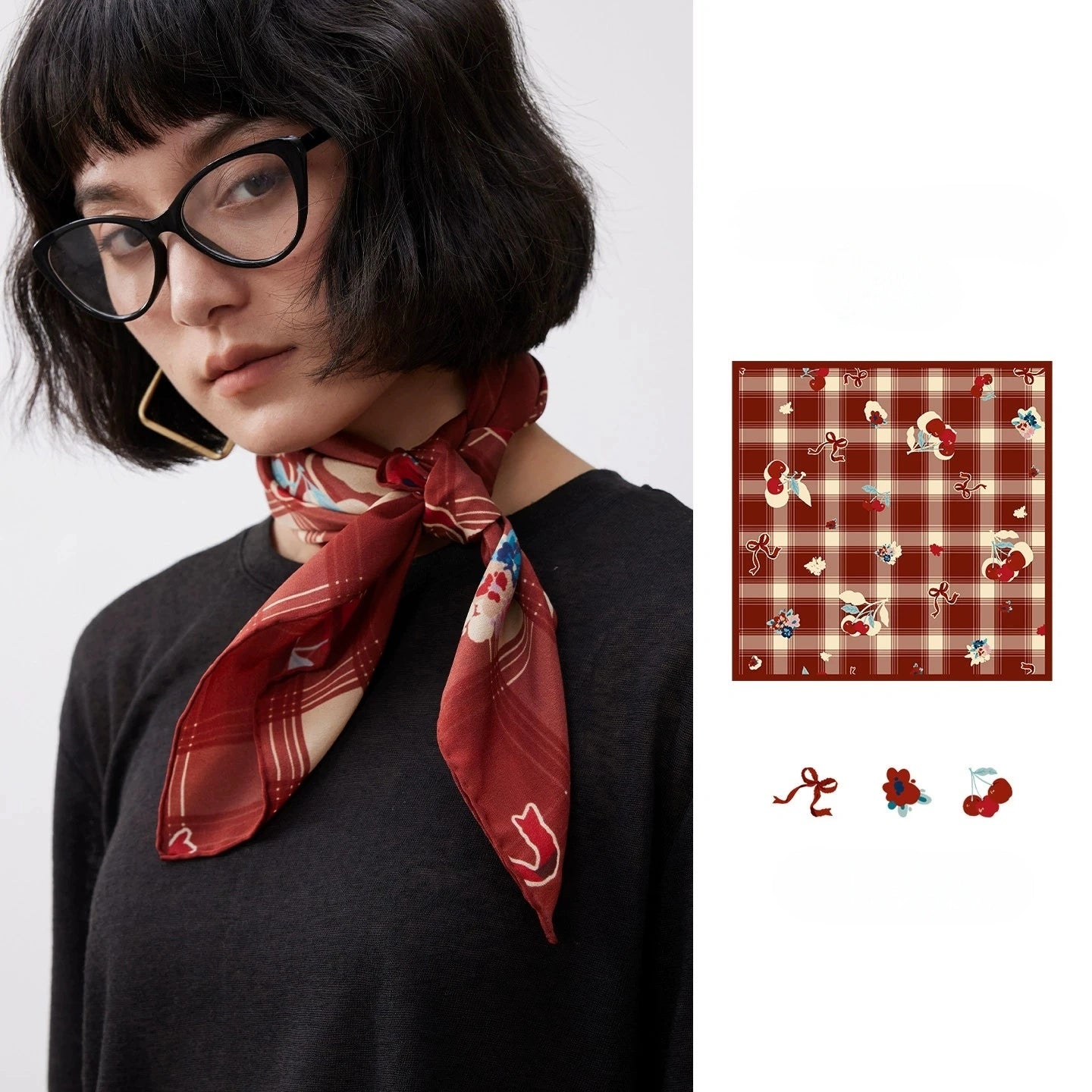 Silk Square Scarf – Vintage Cherry Plaid Print - AOA Fashion Accessories