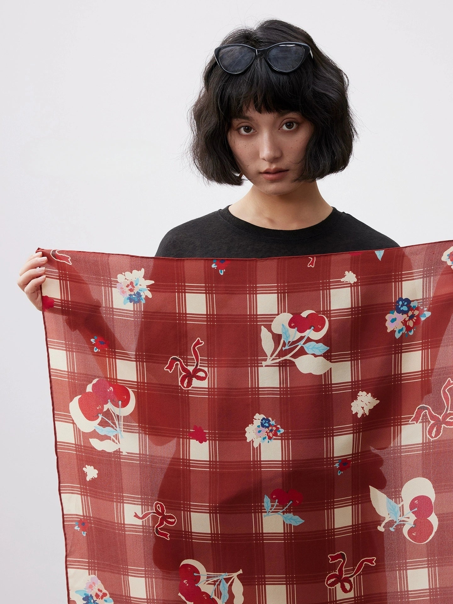 Silk Square Scarf – Vintage Cherry Plaid Print - AOA Fashion Accessories