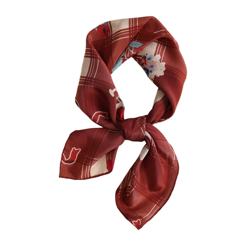 Silk Square Scarf – Vintage Cherry Plaid Print - AOA Fashion Accessories