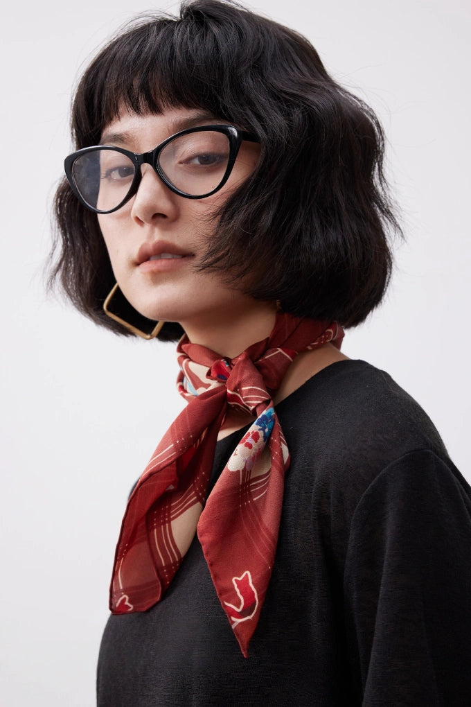 Silk Square Scarf – Vintage Cherry Plaid Print - AOA Fashion Accessories
