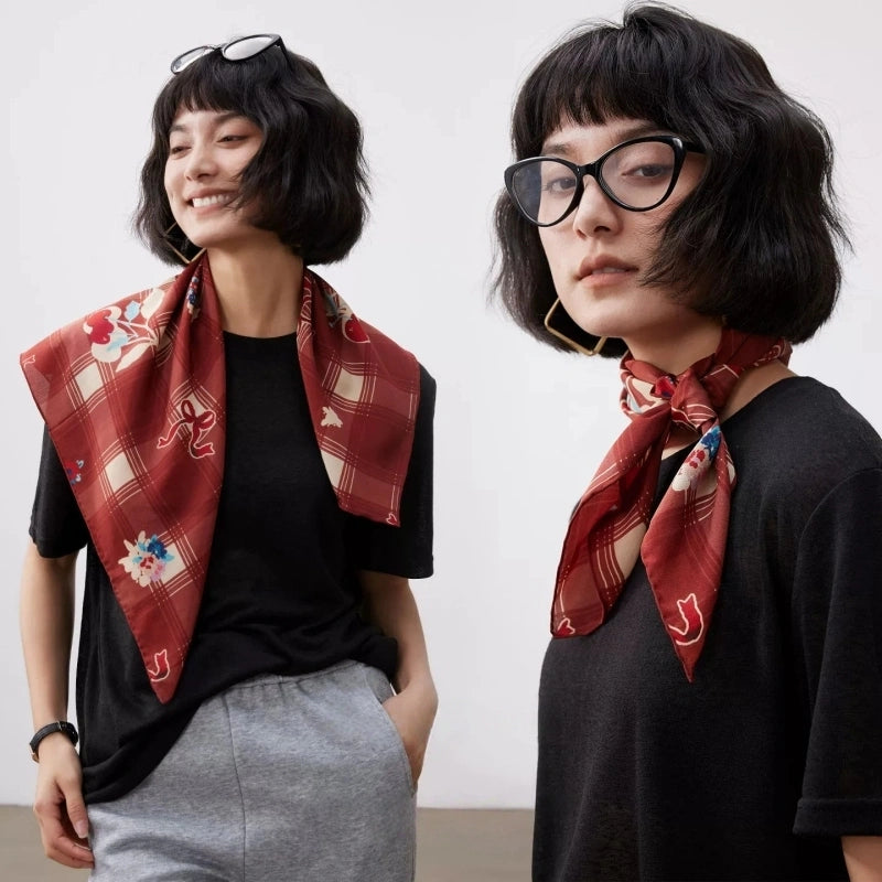 Silk Square Scarf – Vintage Cherry Plaid Print - AOA Fashion Accessories