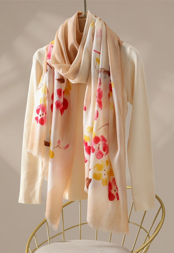 Oversized Wool Scarf – With Watercolor Floral Print Lambswool Wrap - AOA Fashion Accessories