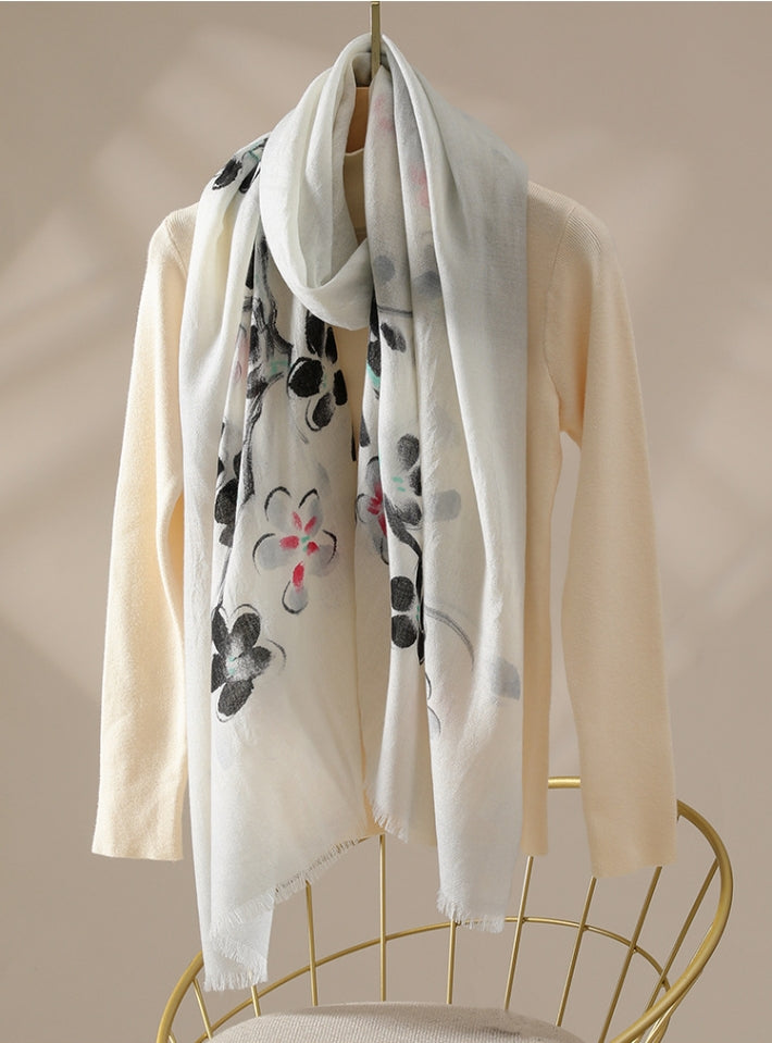 Oversized Wool Scarf – With Watercolor Floral Print Lambswool Wrap - AOA Fashion Accessories