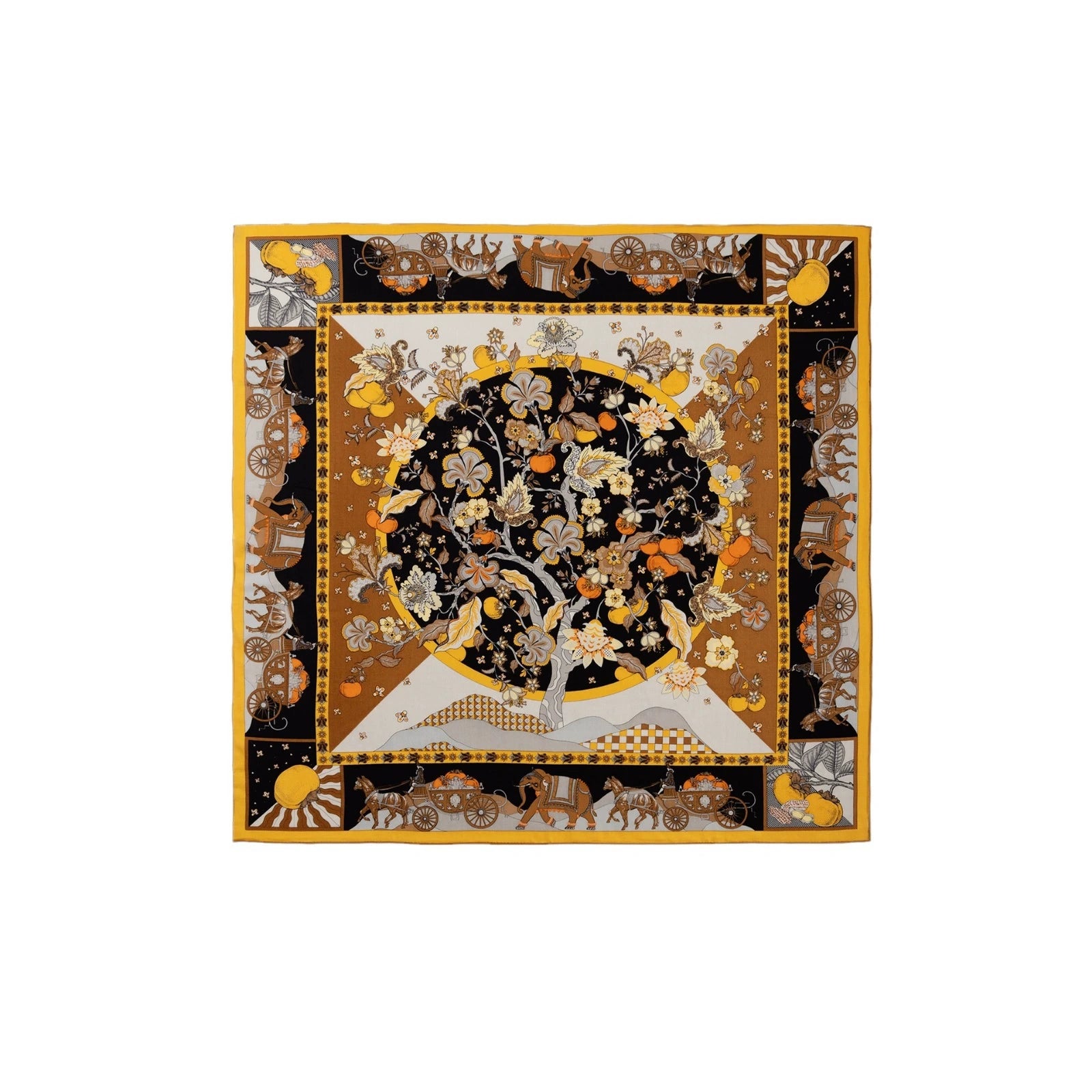 Silk Wool Square Scarf - Persimmon Tree Print | Yellow, 130*130cm, elegant floral design with carriages, perfect for fashion, lightweight, luxurious. 