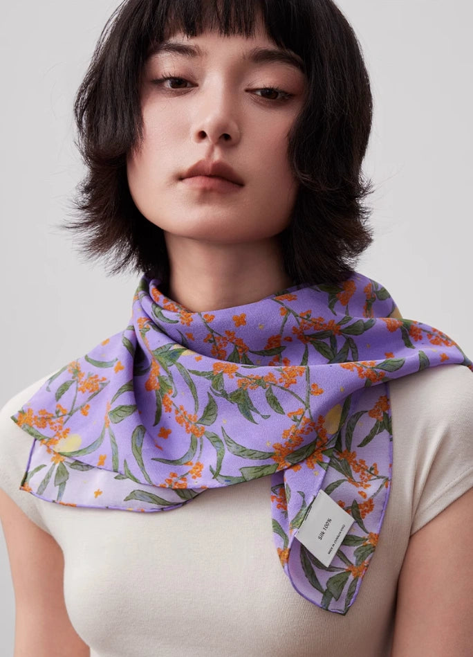 Purple osmanthus silk square scarf styled as a neck accessory, demonstrating its elegance and versatility.