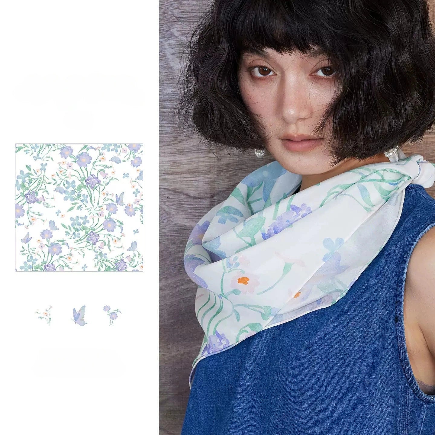 Square silk scarf with watercolor floral print, displayed in a flat lay to highlight its design.
