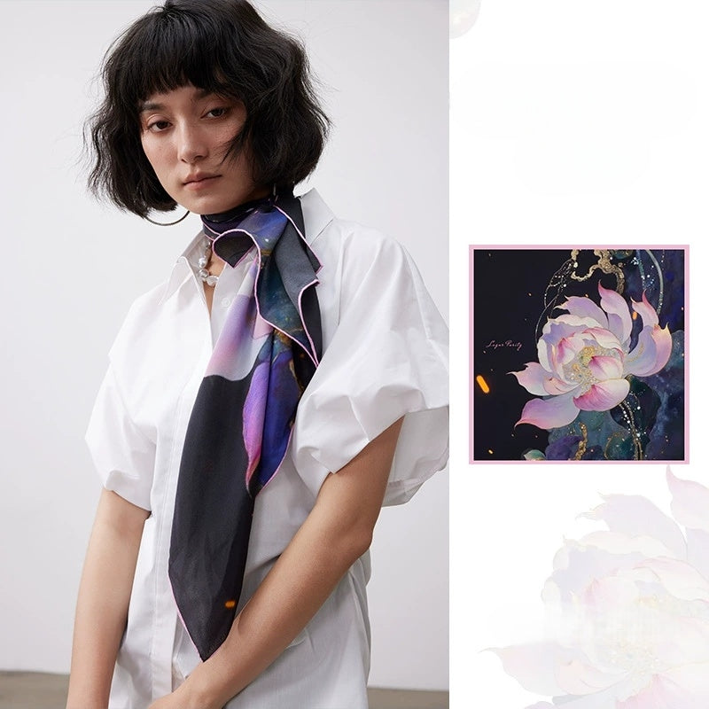 Lotus Painting Silk Square Scarf - AOA Fashion Accessories
