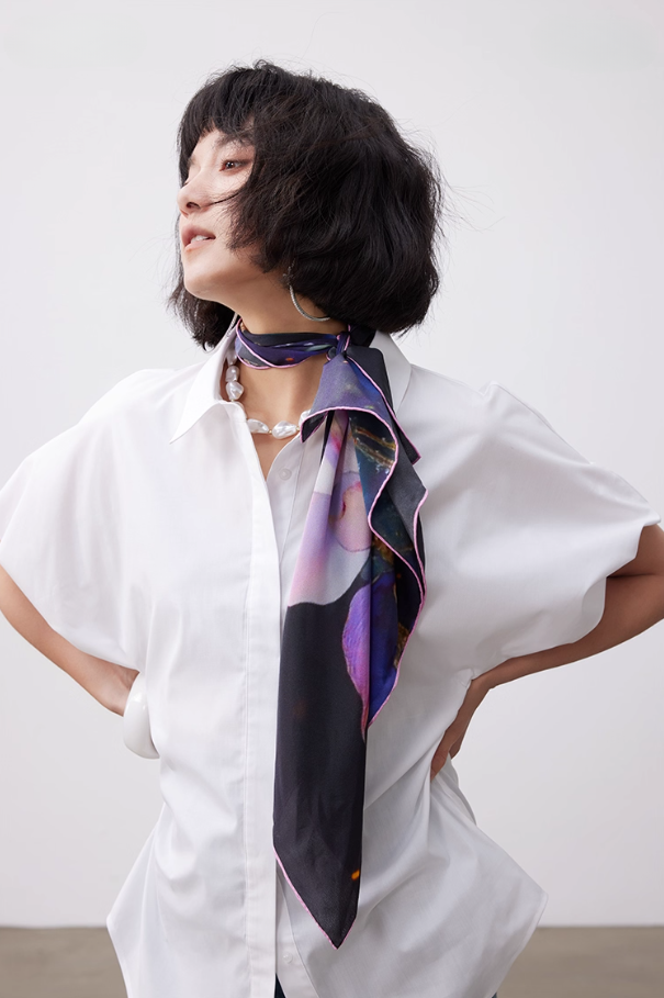 Lotus Painting Silk Square Scarf - AOA Fashion Accessories