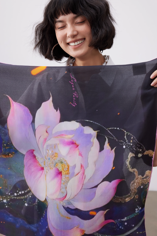 Lotus Painting Silk Square Scarf - AOA Fashion Accessories
