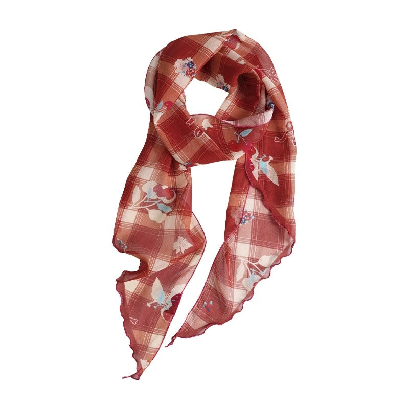 Red Plaid Floral Silk Scarf - AOA Fashion Accessories
