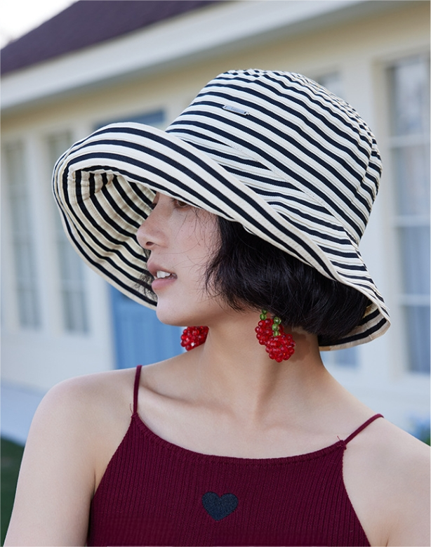 Striped Wide Brim Sun Protection Hat for Women - AOA Fashion Accessories